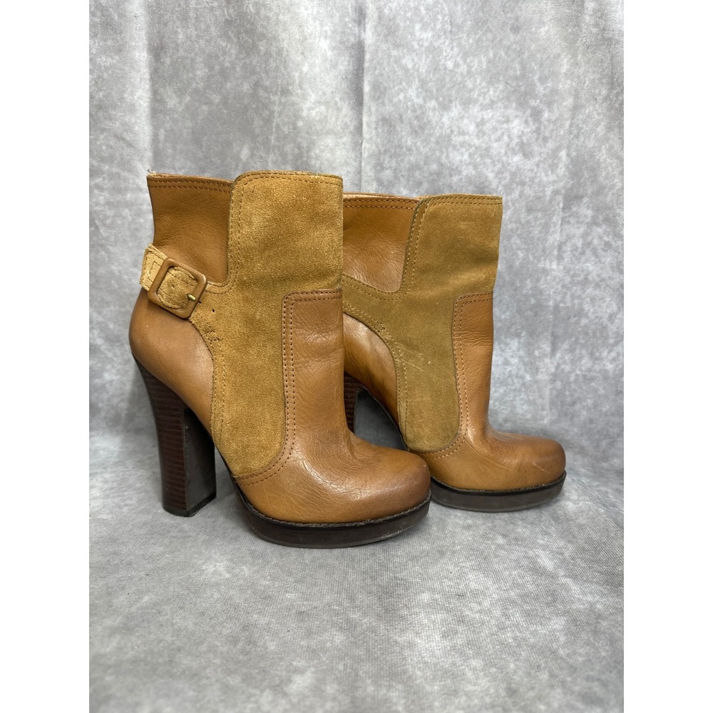 Jessica Simpson Tan Leather Suede Platform Ankle‎ Boots Sz 8 Block Heel Buckle